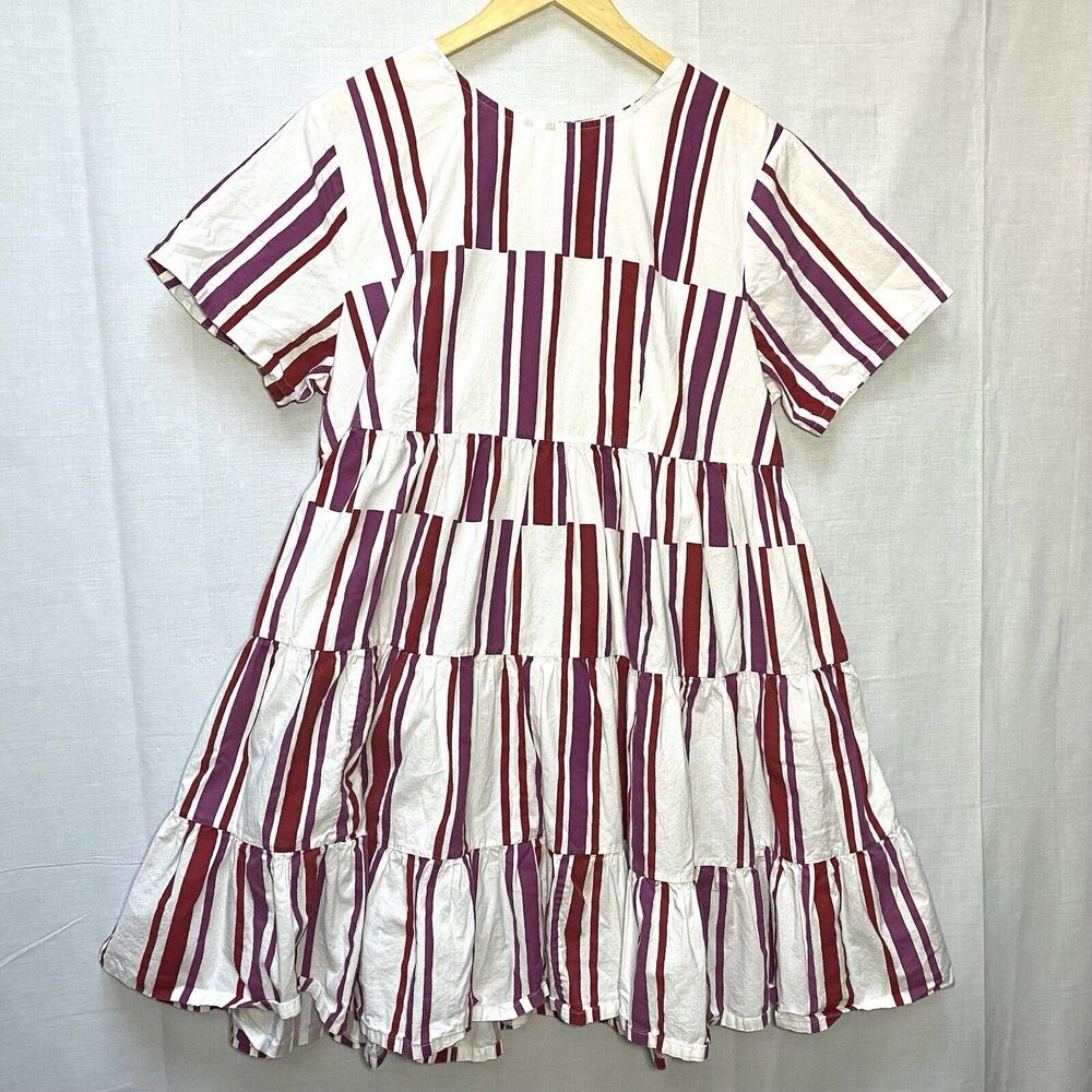 NORBLACK NORWHITE Anthropologie Tiered Swing Dress XL Striped White Red Purple